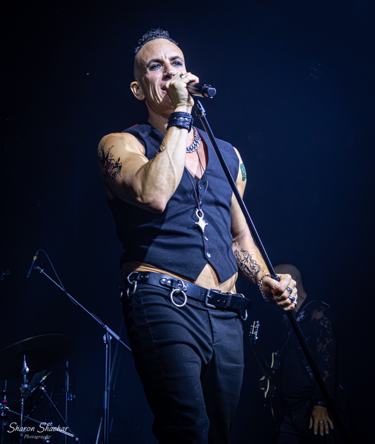 Olive Shows Depeche Mode tribute - arms raised under purple light