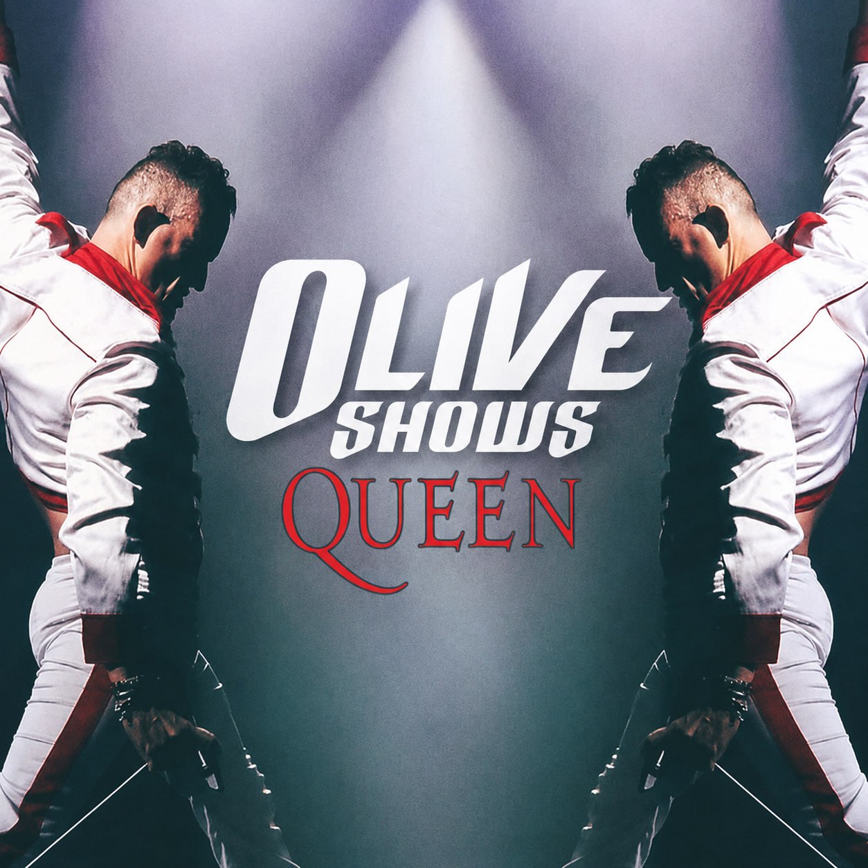 Olive Shows Queen tribute - lead performer in a white military-style jacket under stage lighting